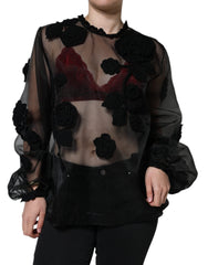 Dolce & Gabbana Transparente Blumenbluse aus schwarzem Nylonnetz
