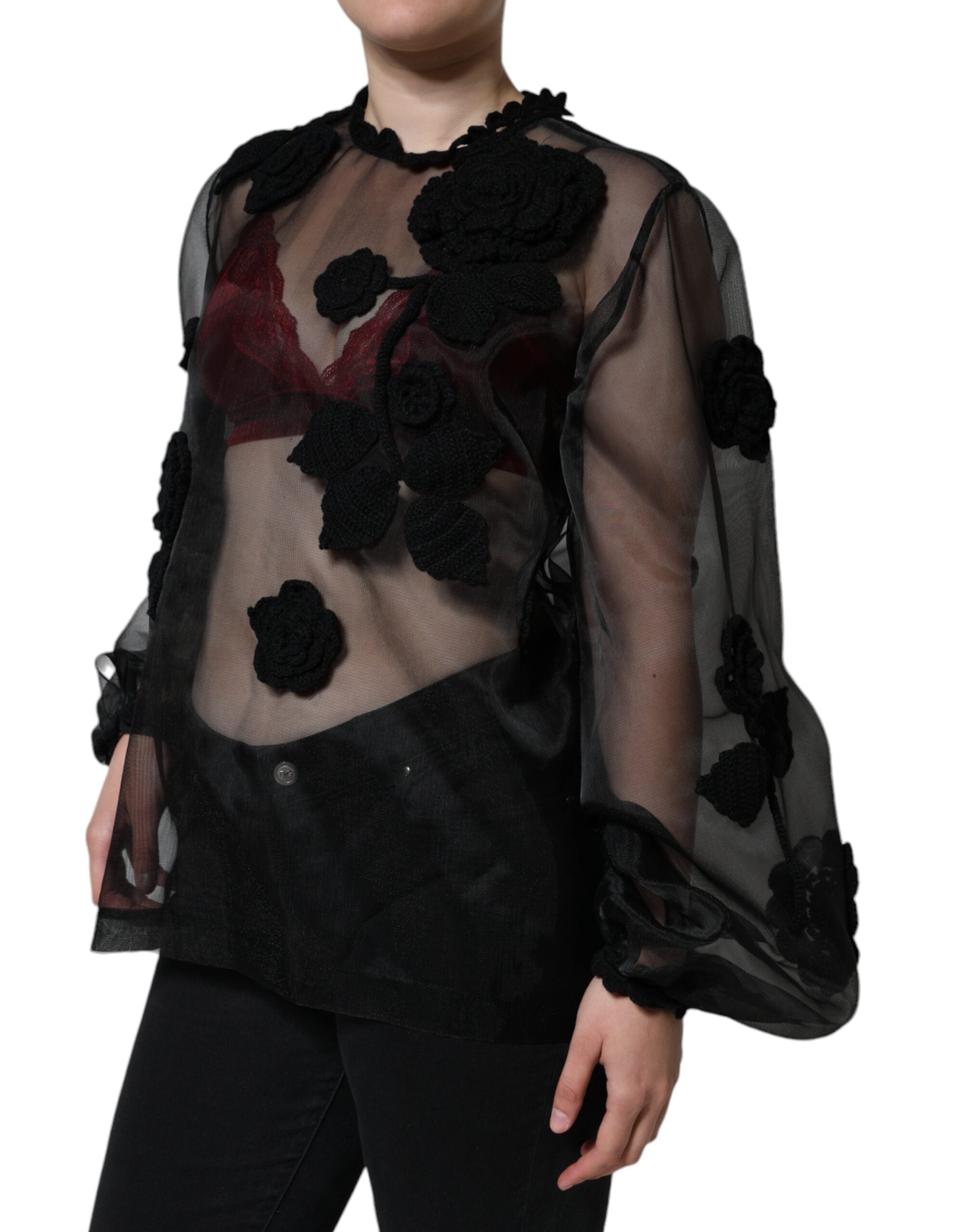 Dolce & Gabbana Transparente Blumenbluse aus schwarzem Nylonnetz
