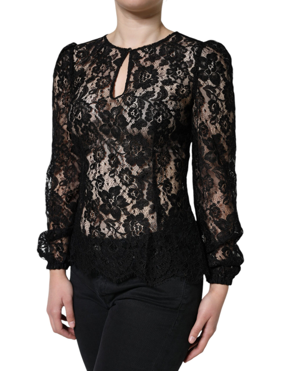 Dolce & Gabbana Schwarzes florales Spitzen-Langarmtop transparent