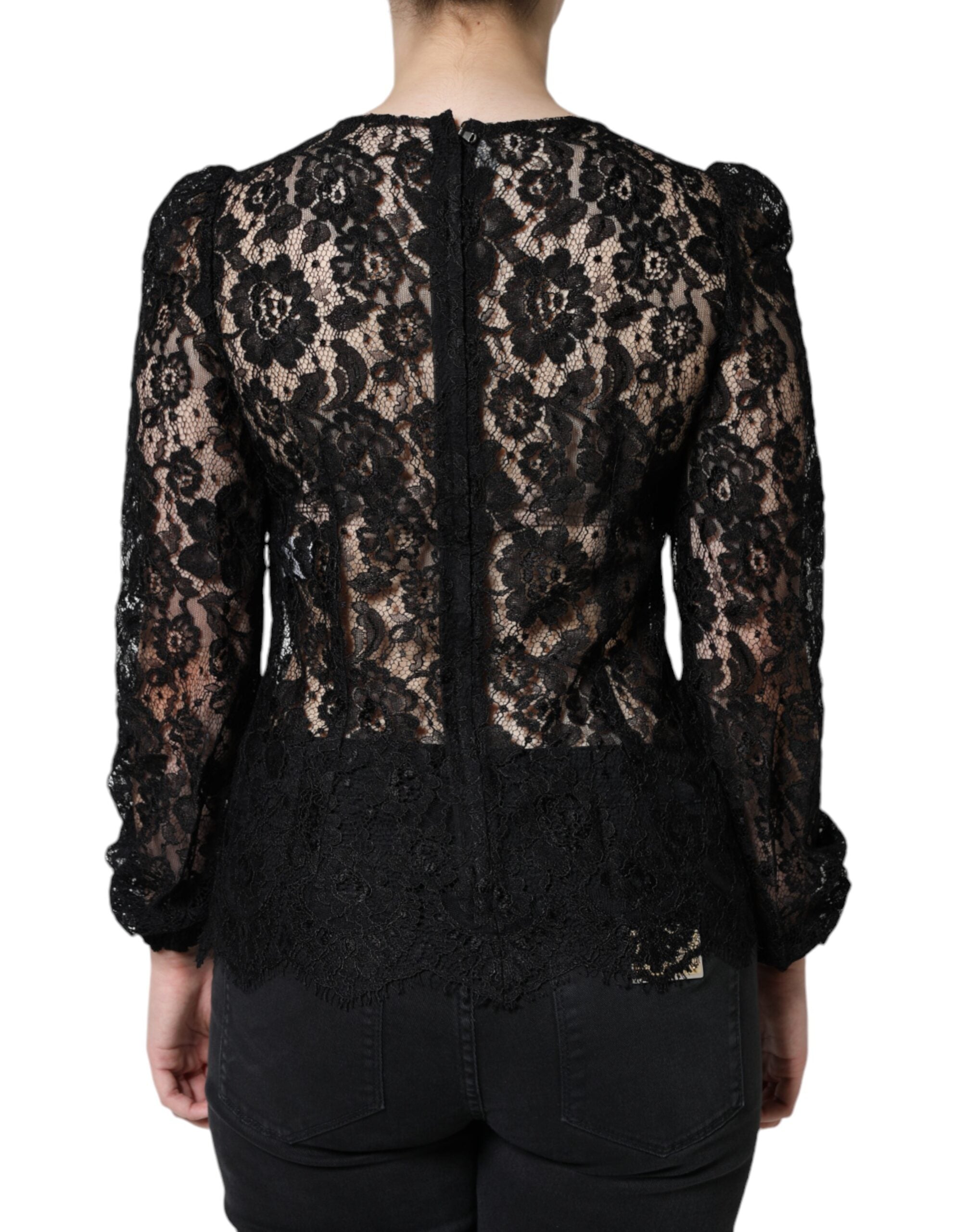 Dolce & Gabbana Schwarzes florales Spitzen-Langarmtop transparent