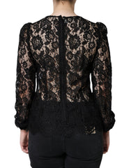 Dolce & Gabbana Schwarzes florales Spitzen-Langarmtop transparent
