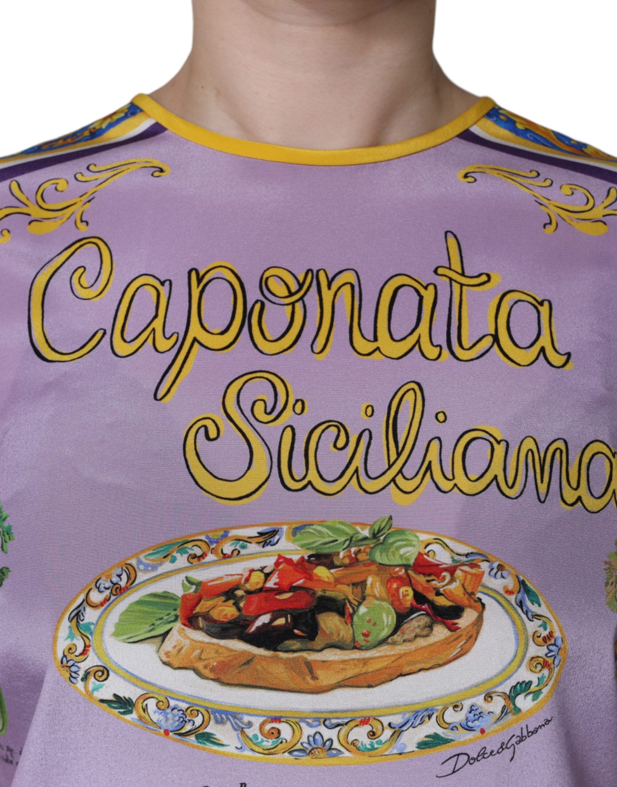 Dolce & Gabbana Lila Seiden-Tanktop mit Caponata Siciliana Print
