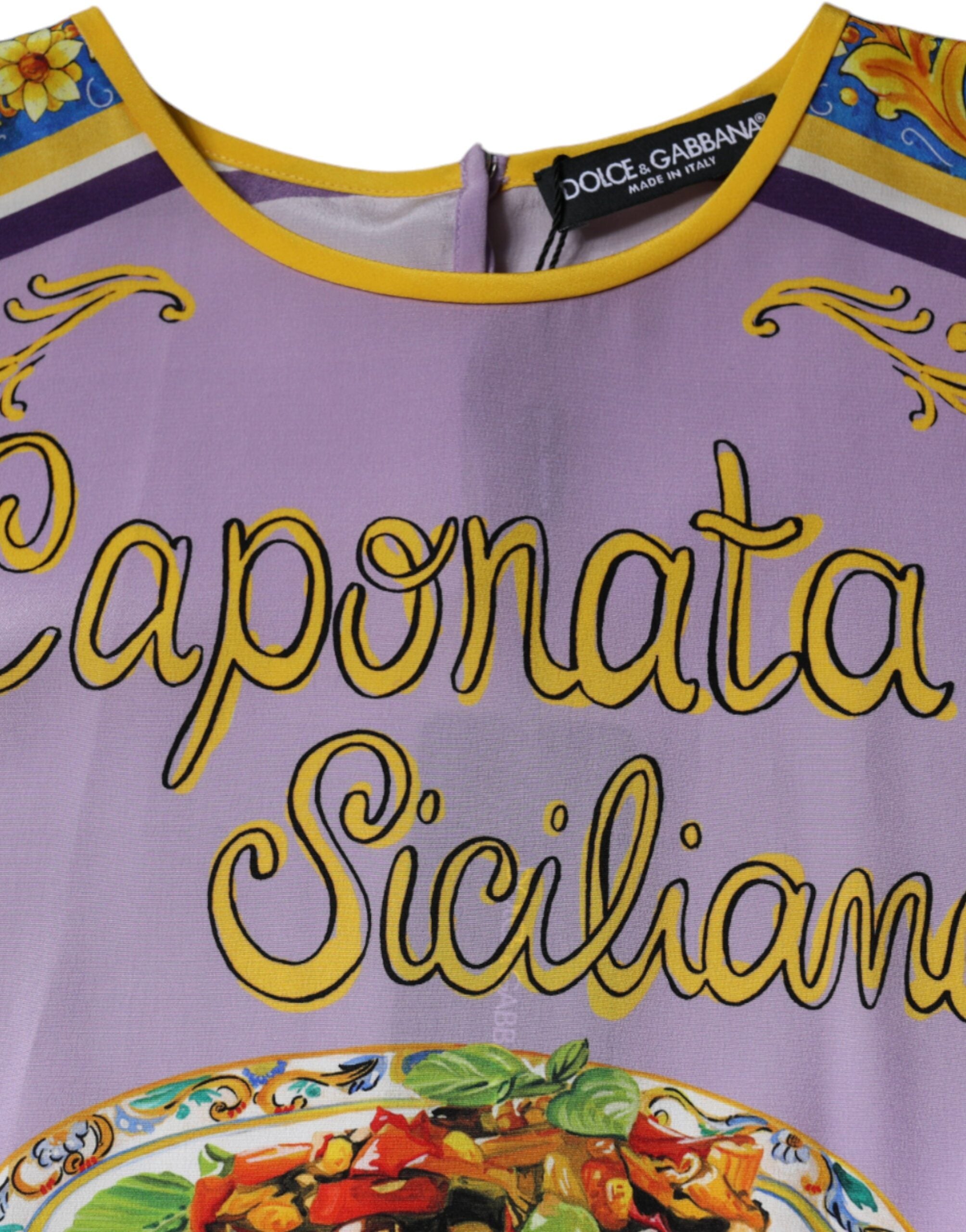 Dolce & Gabbana Lila Seiden-Tanktop mit Caponata Siciliana Print