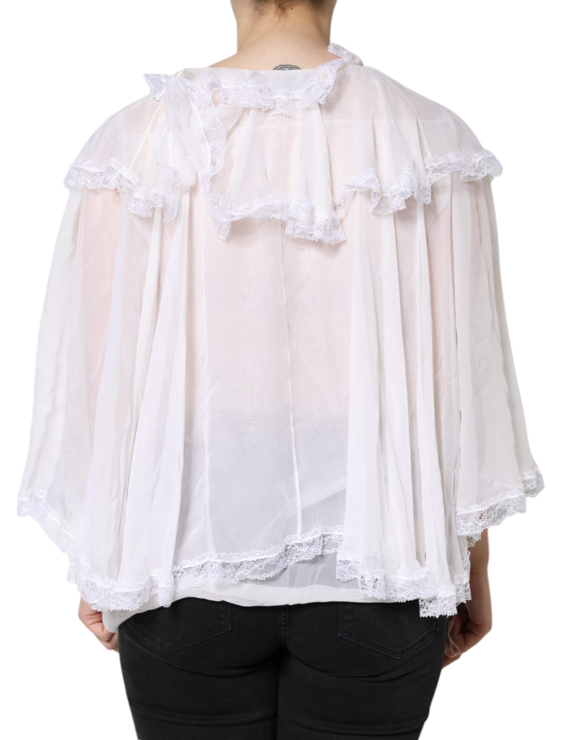 Dolce & Gabbana Weiße Rüschen Spitze Langarm Bluse Oberteil