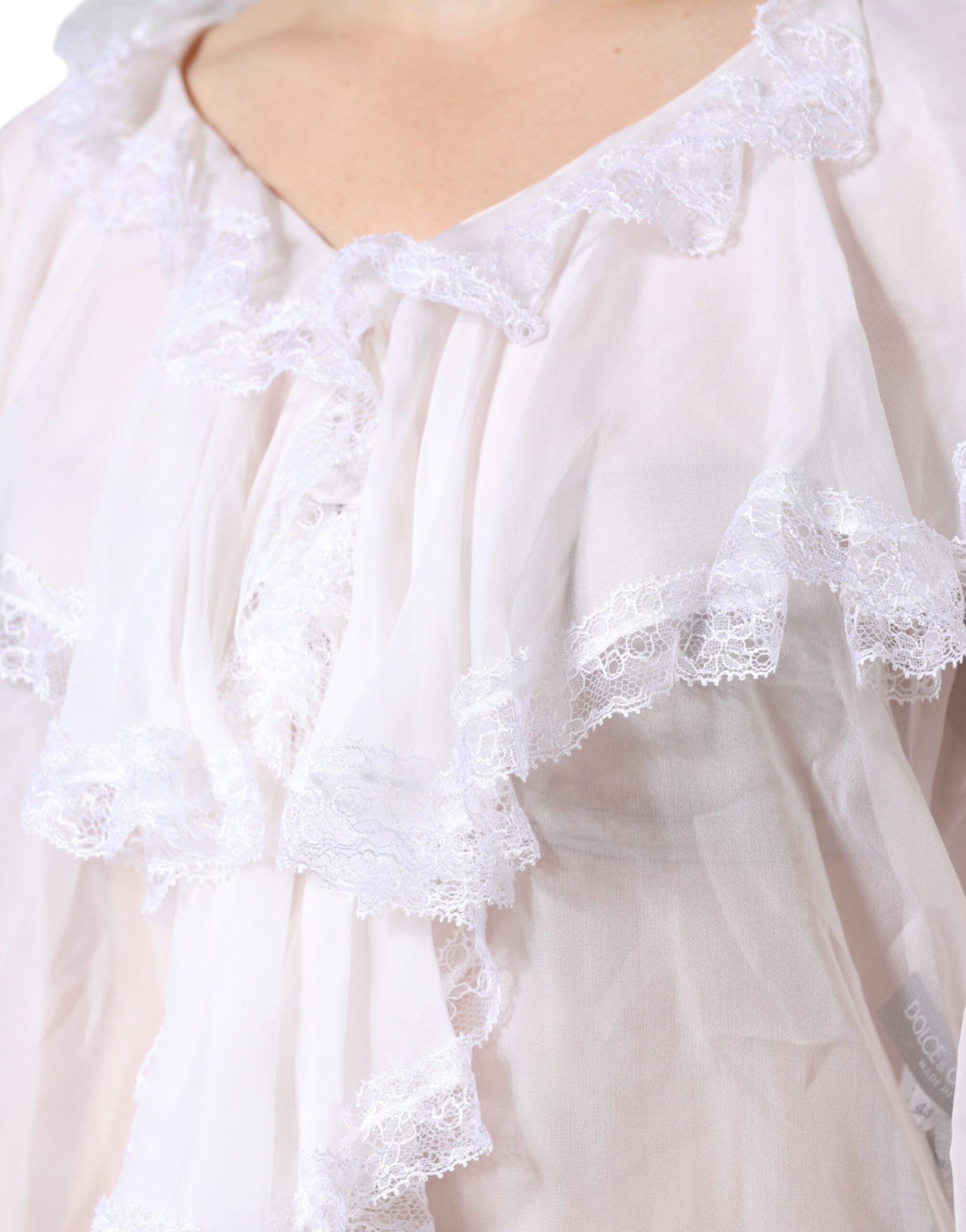 Dolce & Gabbana Weiße Rüschen Spitze Langarm Bluse Oberteil