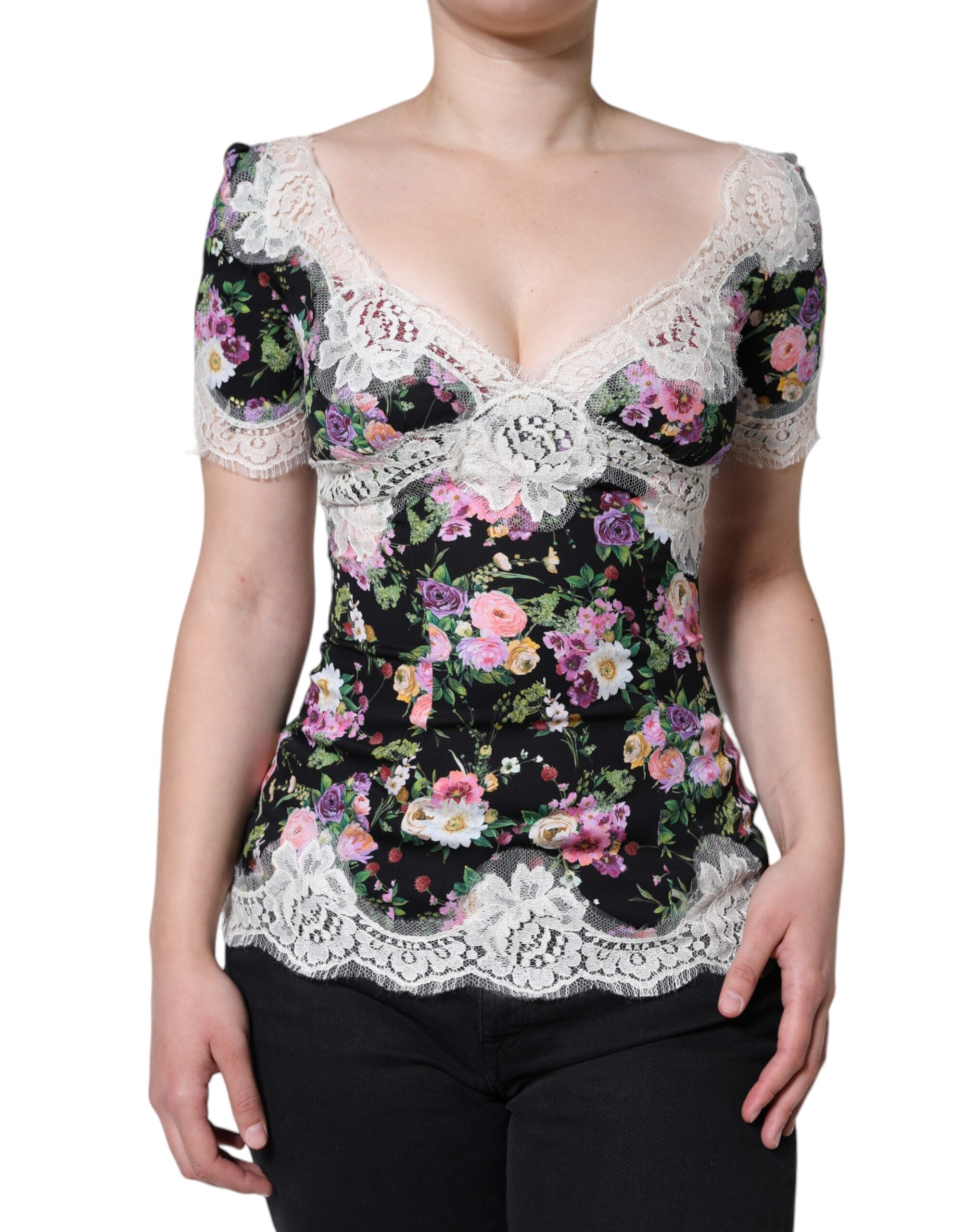 Dolce & Gabbana Schwarze Bluse aus Blumenspitze mit kurzen Ärmeln