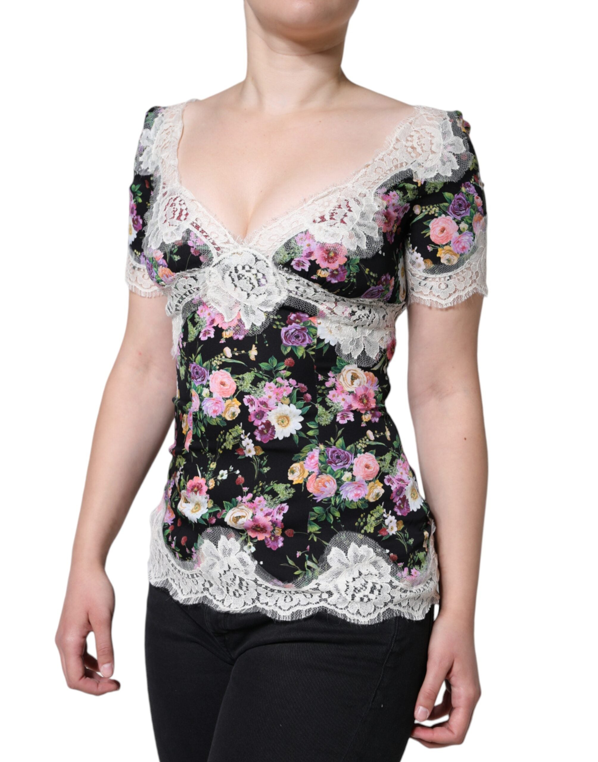 Dolce & Gabbana Schwarze Bluse aus Blumenspitze mit kurzen Ärmeln