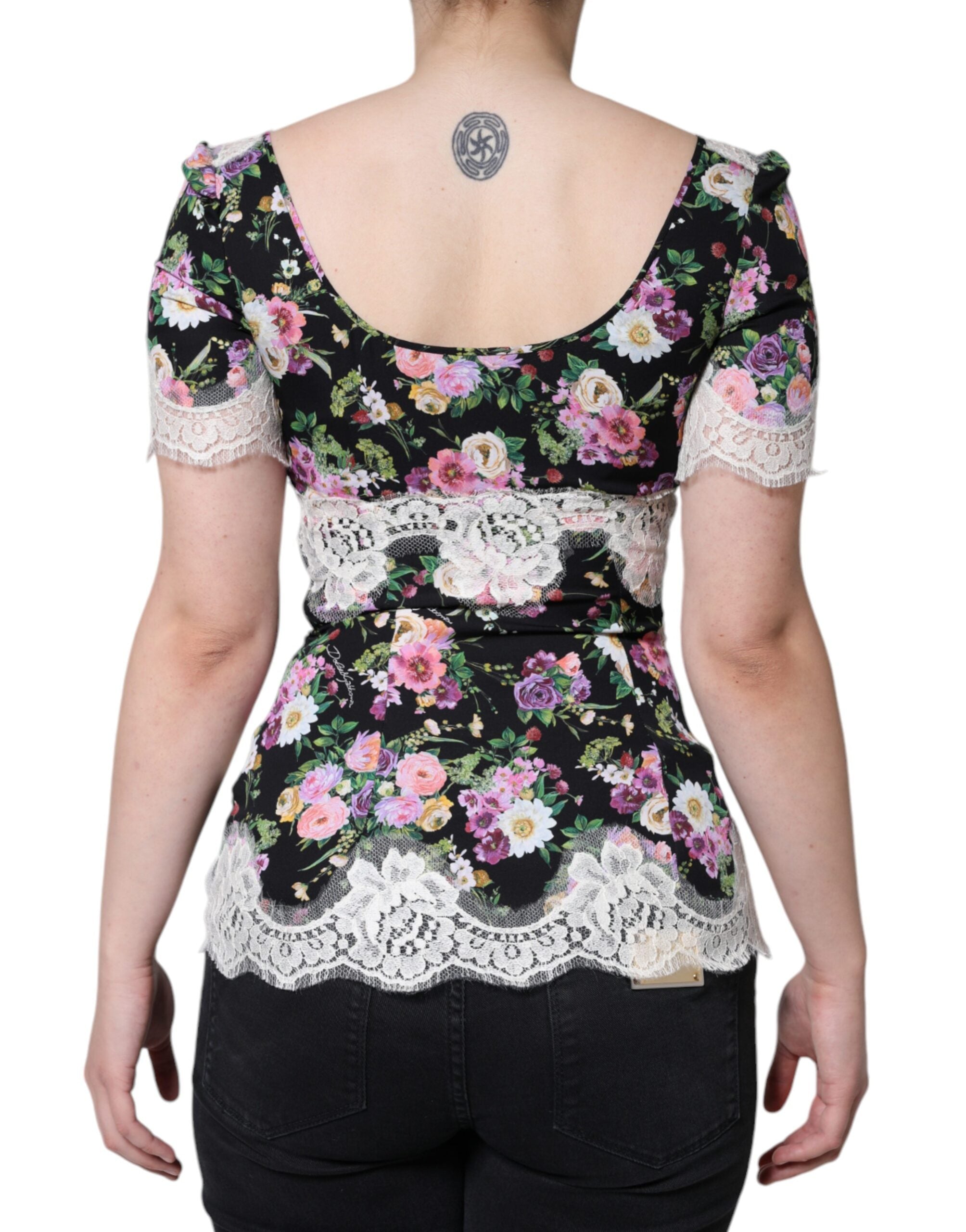 Dolce & Gabbana Schwarze Bluse aus Blumenspitze mit kurzen Ärmeln