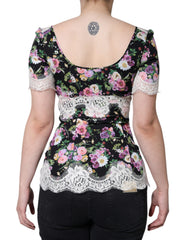 Dolce & Gabbana Schwarze Bluse aus Blumenspitze mit kurzen Ärmeln