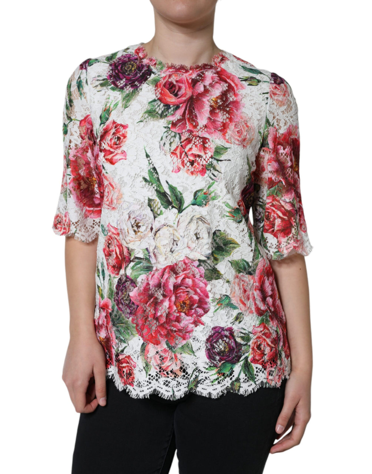 Dolce & Gabbana Weiße Pfingstrosen-Spitzenbluse mit kurzen Ärmeln