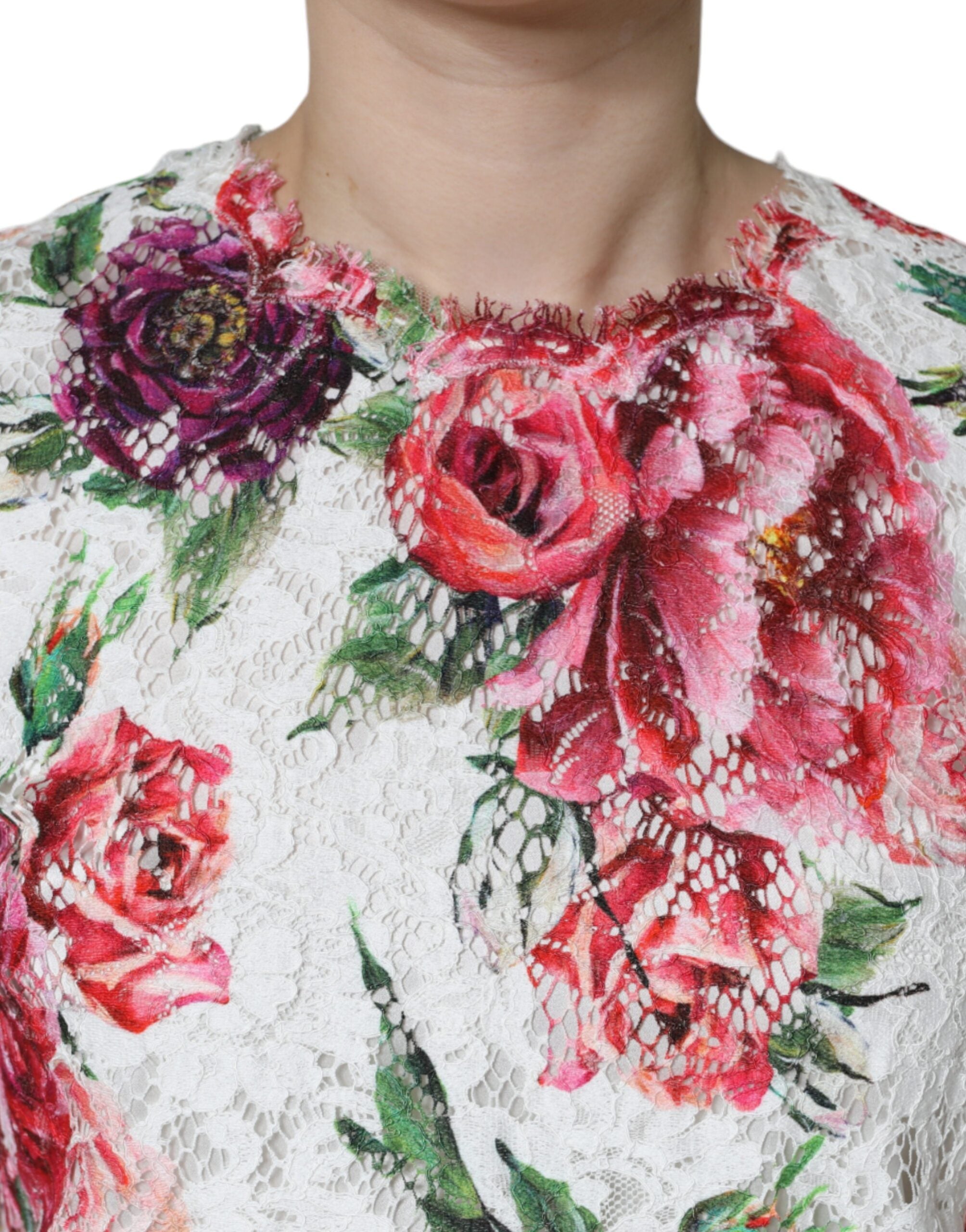 Dolce & Gabbana Weiße Pfingstrosen-Spitzenbluse mit kurzen Ärmeln