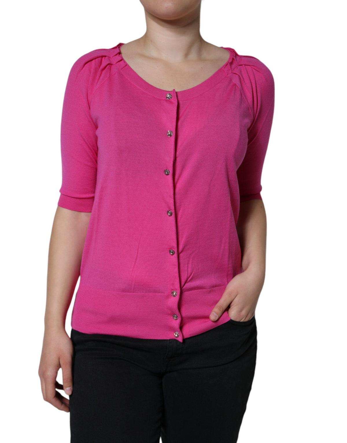 Dolce & Gabbana Rosa Bluse mit kurzen Ärmeln aus Wolle und Knöpfen