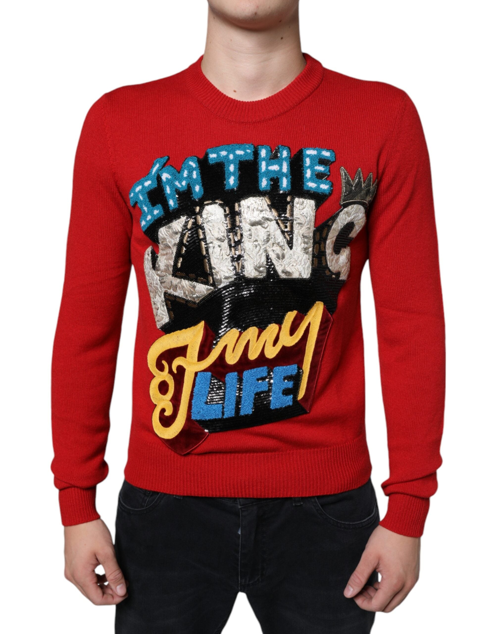 Dolce & Gabbana Roter Pullover aus Wolle mit Rundhalsausschnitt und „I'm The King“-Aufschrift
