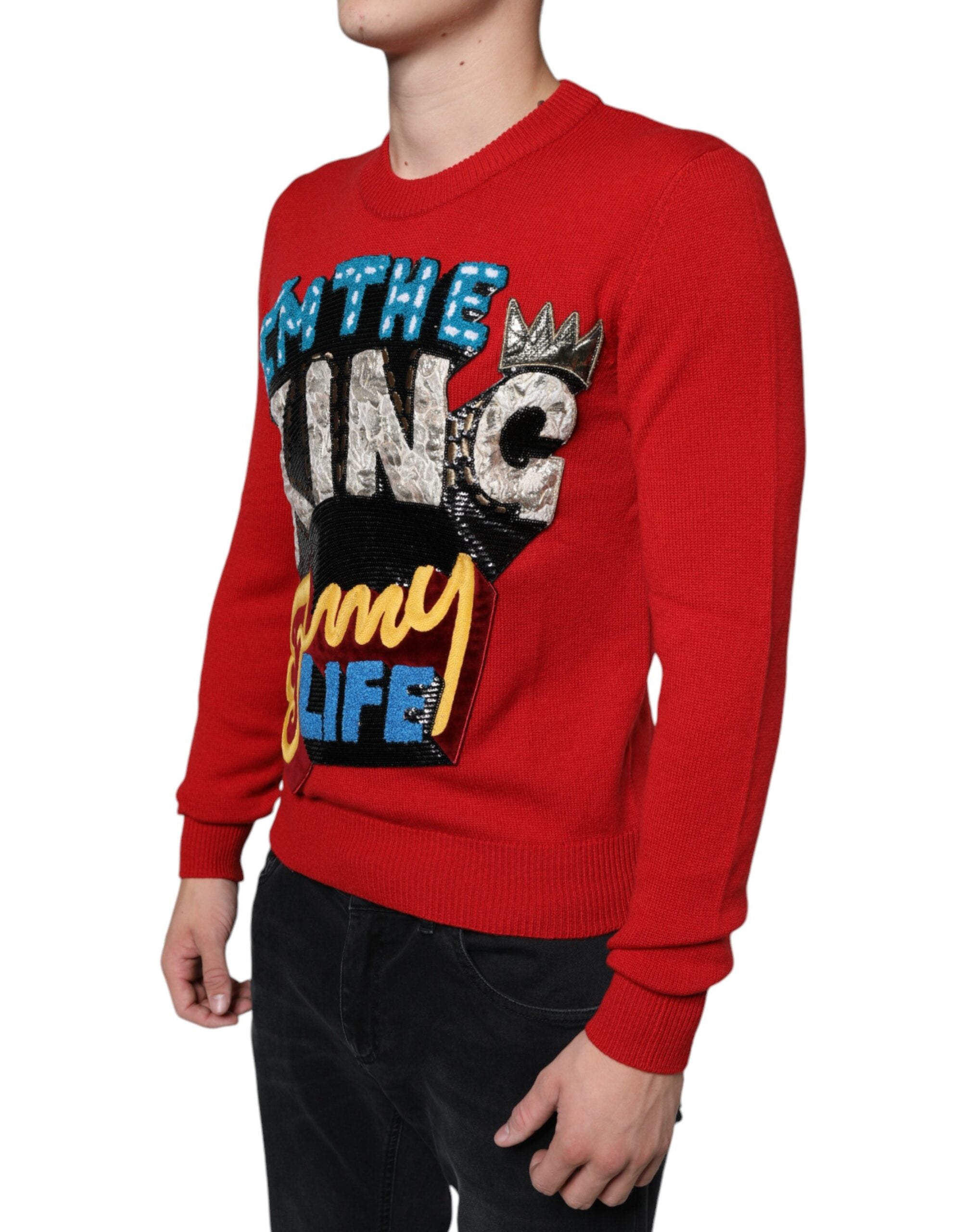 Dolce & Gabbana Roter Pullover aus Wolle mit Rundhalsausschnitt und „I'm The King“-Aufschrift