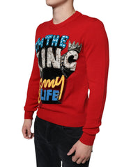 Dolce & Gabbana Roter Pullover aus Wolle mit Rundhalsausschnitt und „I'm The King“-Aufschrift