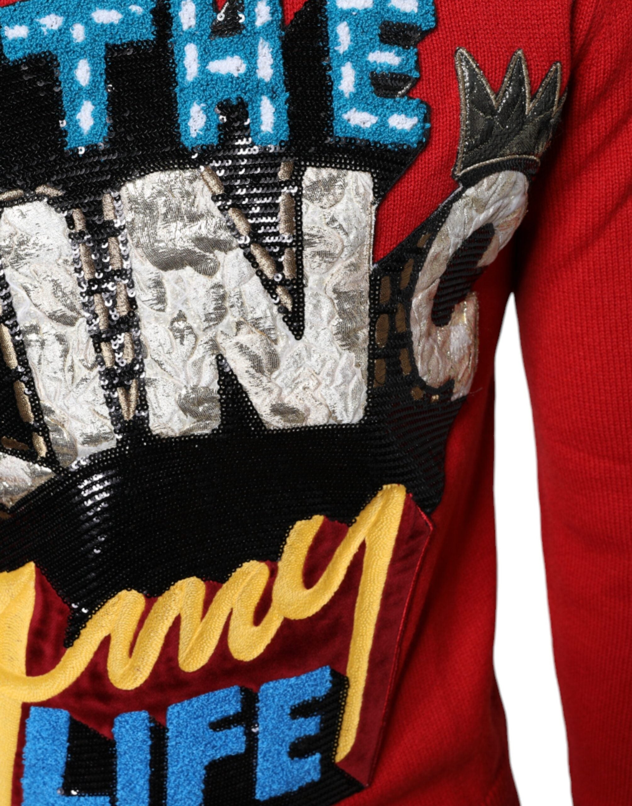 Dolce & Gabbana Roter Pullover aus Wolle mit Rundhalsausschnitt und „I'm The King“-Aufschrift