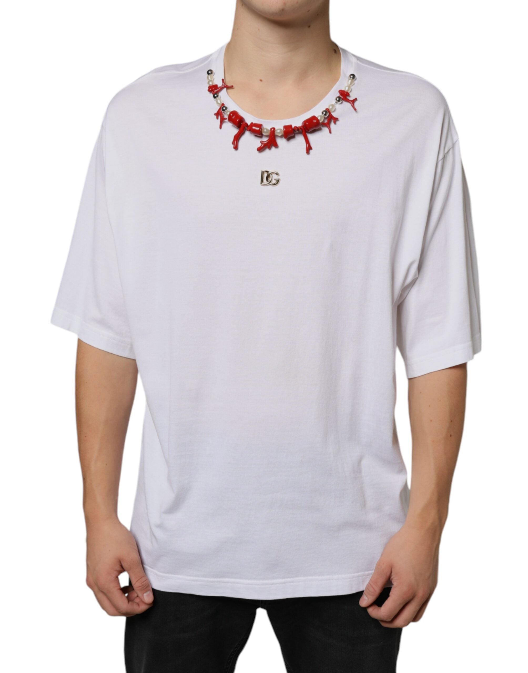 Dolce & Gabbana Wit Katoenen T-shirt met Kettingdetails