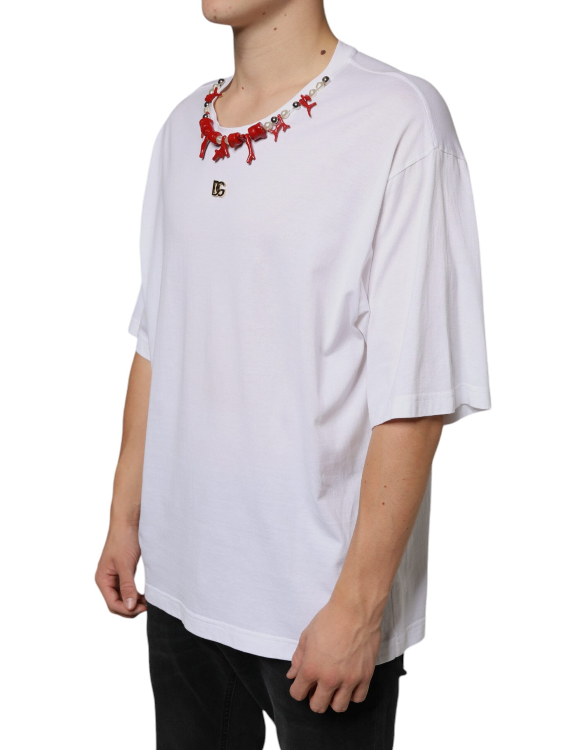 Dolce & Gabbana Wit Katoenen T-shirt met Kettingdetails