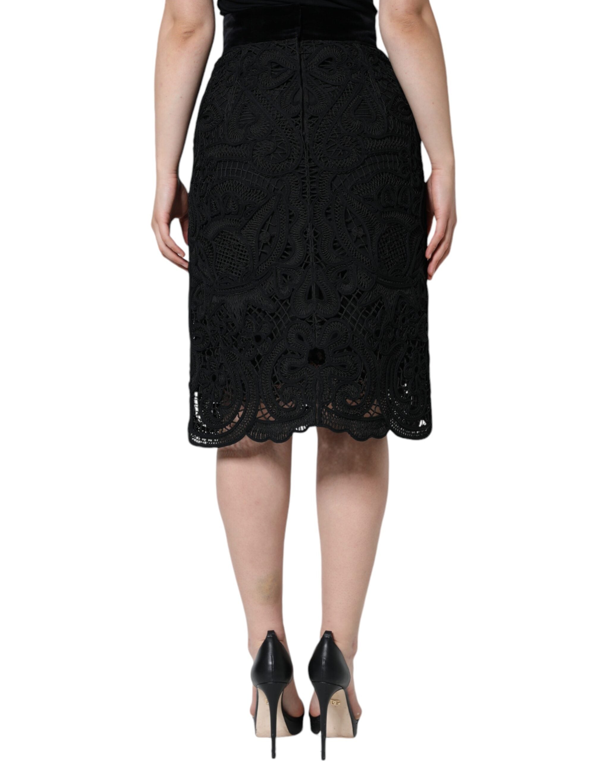 Dolce & Gabbana Schwarzer Bleistiftrock mit hoher Taille und floraler Spitze