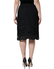 Dolce & Gabbana Schwarzer Bleistiftrock mit hoher Taille und floraler Spitze