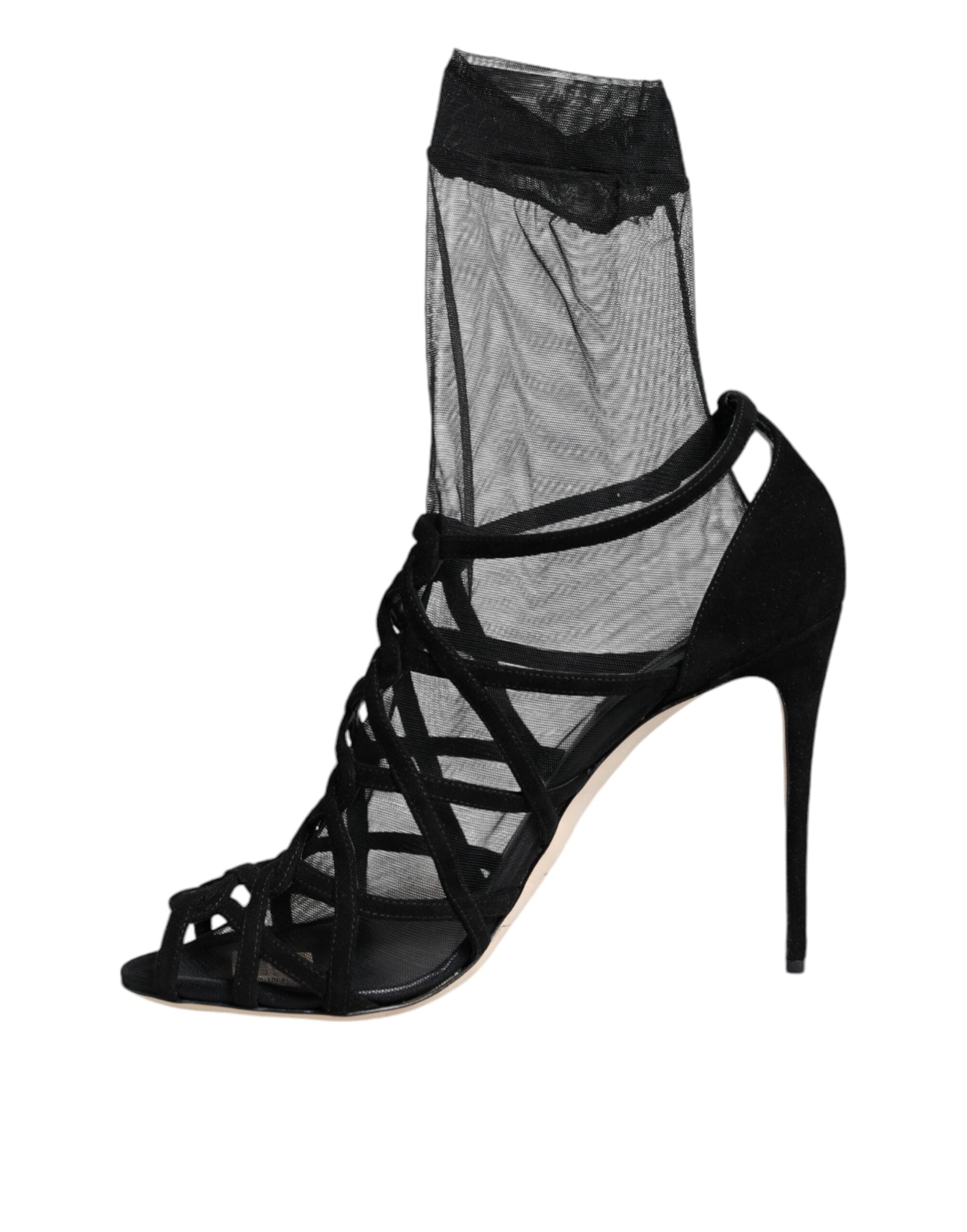 Dolce & Gabbana Schwarze Tüll Stretch High Heels Sandalen Schuhe