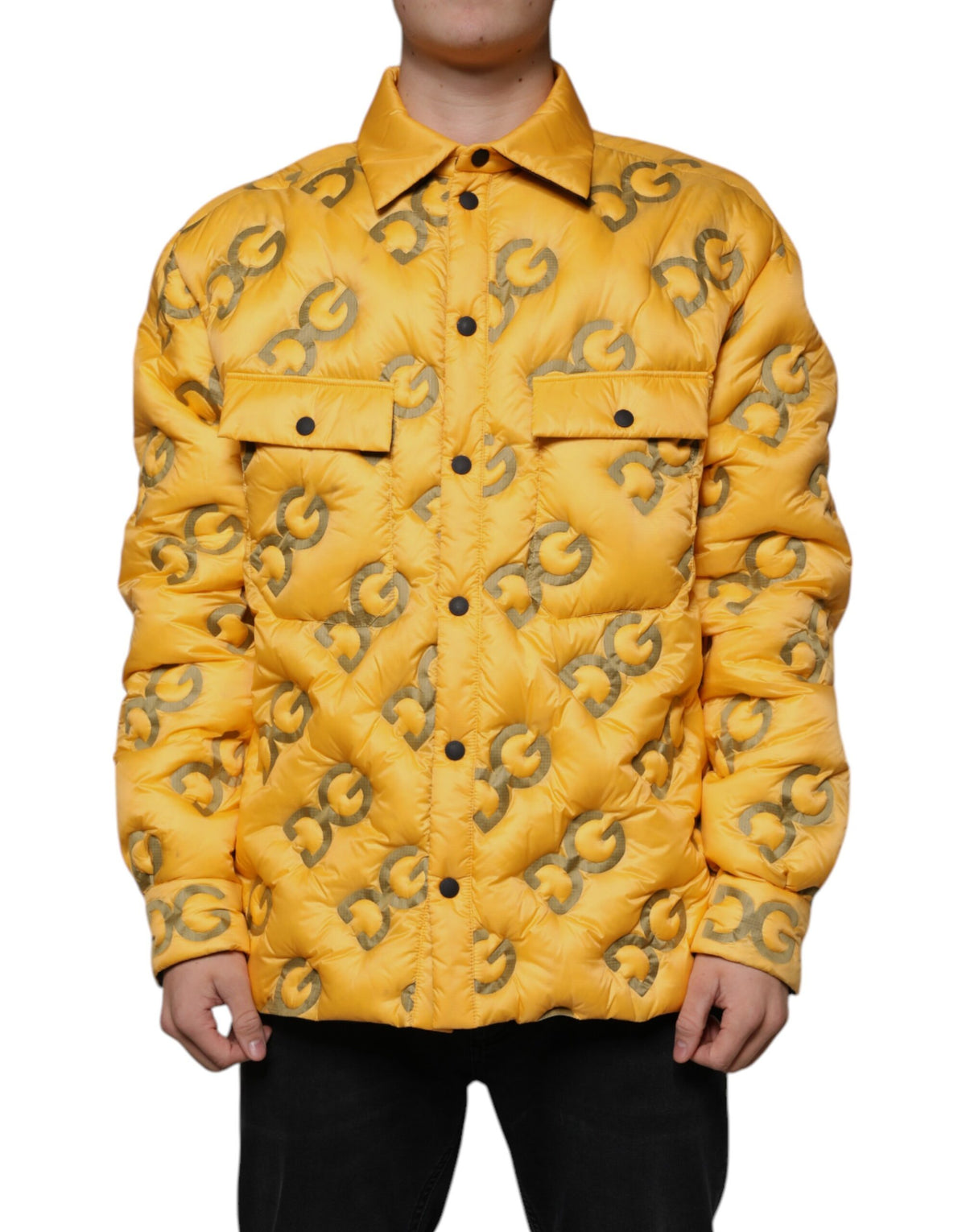 Dolce &amp; Gabbana – Gelbe, wattierte Blousonjacke mit Knöpfen und Logo