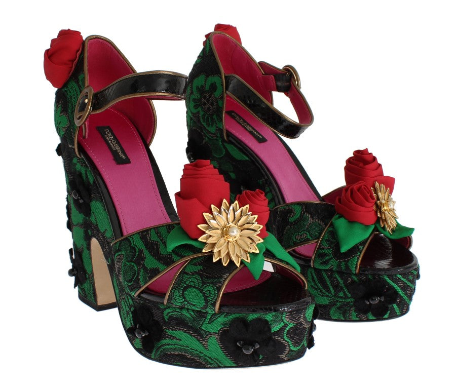 Dolce & Gabbana Groene Brokaat Slangenleer Rozen Kristal Schoenen