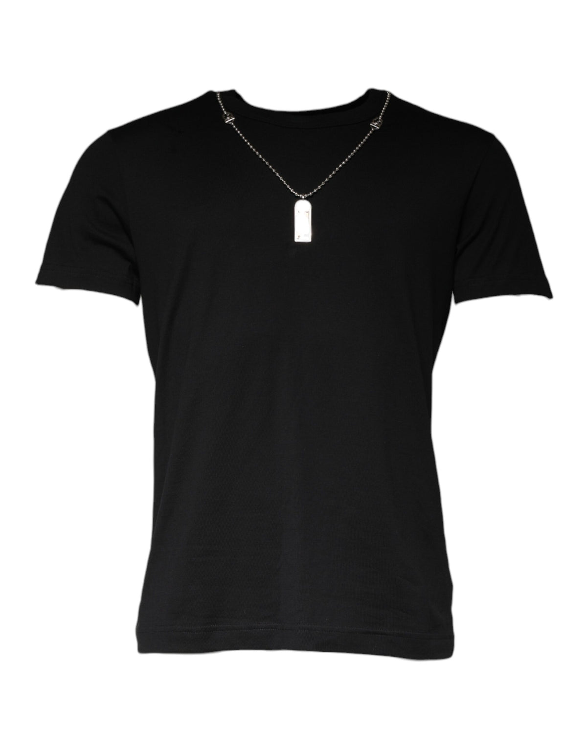 Dolce & Gabbana Schwarzes T-Shirt aus Baumwolle mit bestickter Halskette
