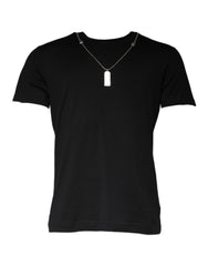 Dolce & Gabbana Schwarzes T-Shirt aus Baumwolle mit bestickter Halskette