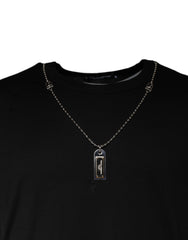 Dolce & Gabbana Schwarzes T-Shirt aus Baumwolle mit bestickter Halskette
