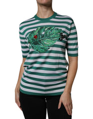 Dolce & Gabbana Weißes T-Shirt mit grünem Streifen und Blättermuster, Rundhalsausschnitt