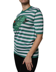 Dolce & Gabbana Weißes T-Shirt mit grünem Streifen und Blättermuster, Rundhalsausschnitt