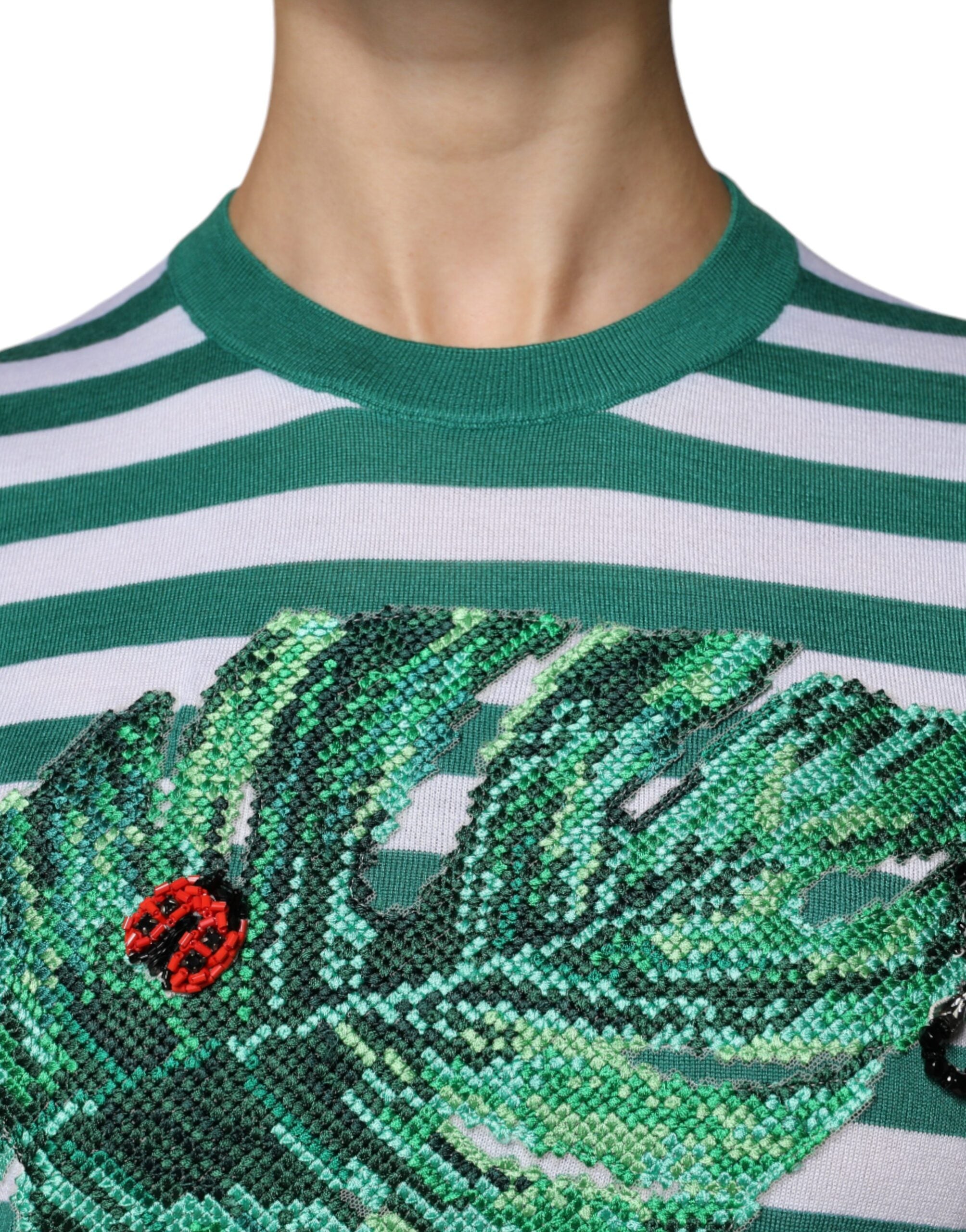 Dolce & Gabbana Weißes T-Shirt mit grünem Streifen und Blättermuster, Rundhalsausschnitt