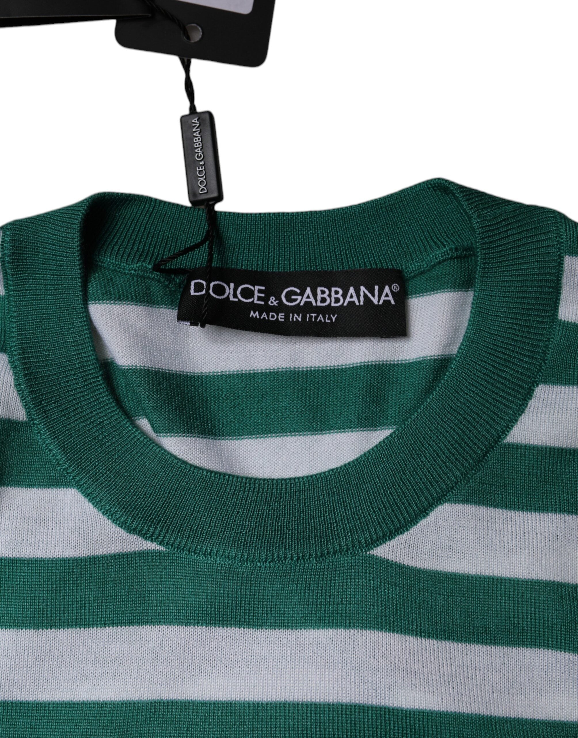 Dolce & Gabbana Weißes T-Shirt mit grünem Streifen und Blättermuster, Rundhalsausschnitt