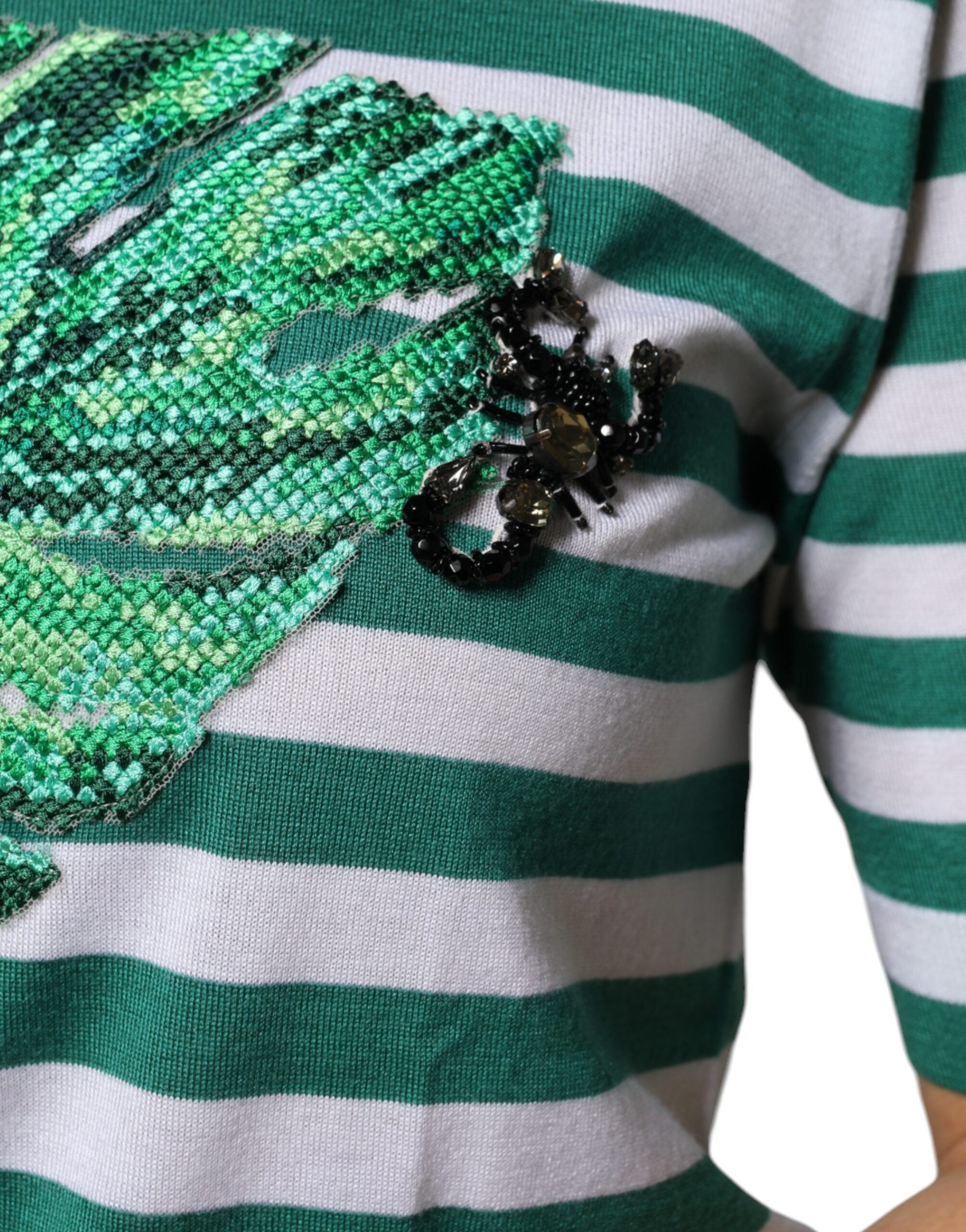 Dolce & Gabbana Weißes T-Shirt mit grünem Streifen und Blättermuster, Rundhalsausschnitt