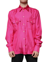Dolce &amp; Gabbana Herrenhemd mit Button-Down-Kragen aus Seide in Rosa