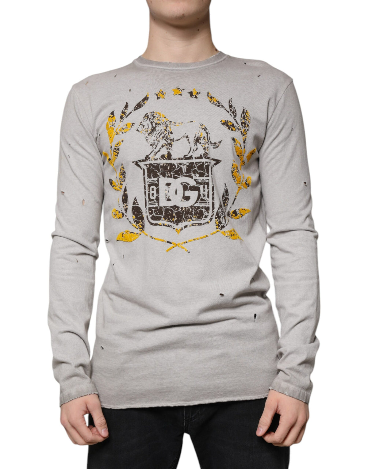 Dolce & Gabbana Grauer Pullover mit Rundhalsausschnitt aus bedruckter Baumwolle