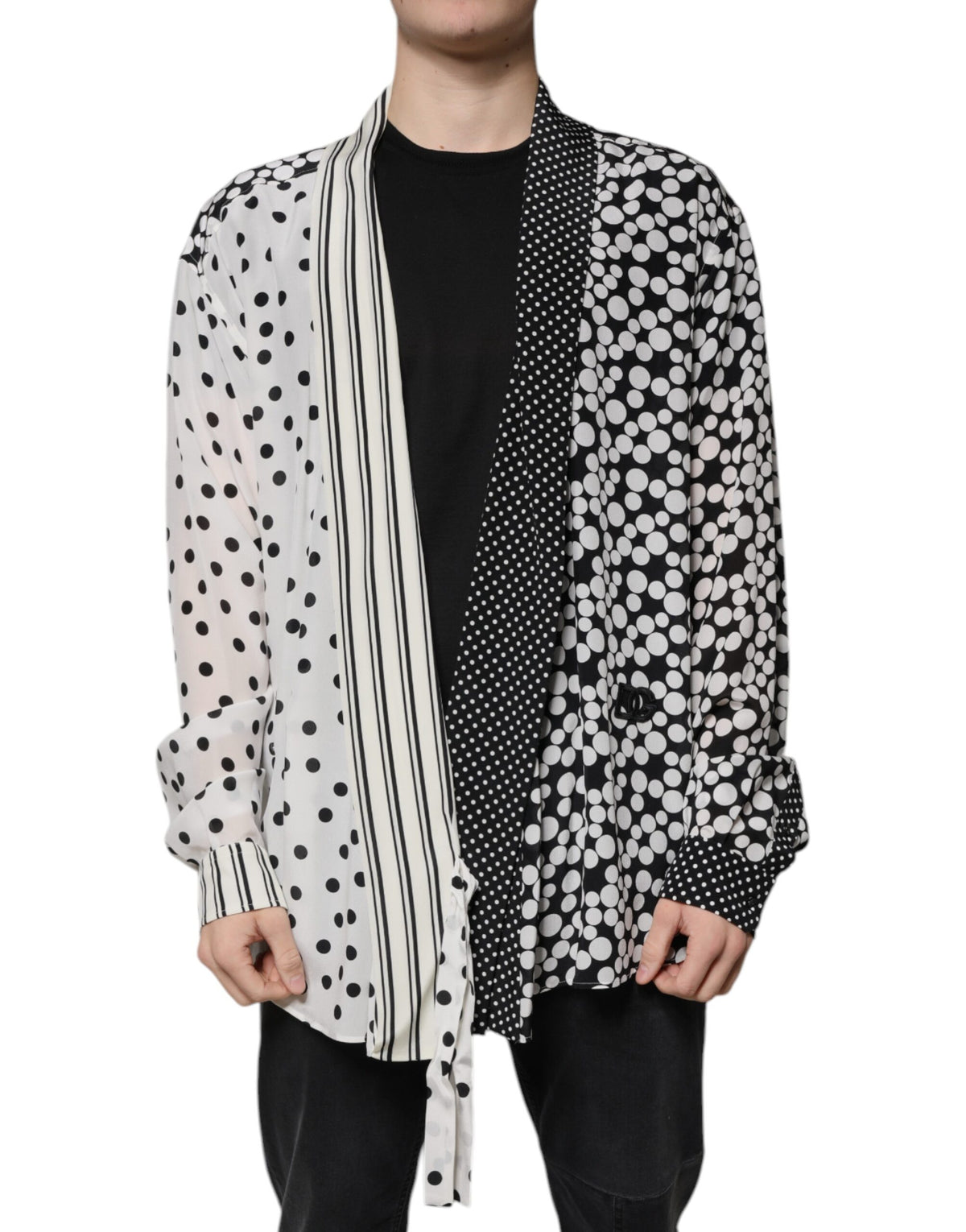 Dolce &amp; Gabbana Schwarz-Weiß Polka Dots Seide Herren Freizeithemd