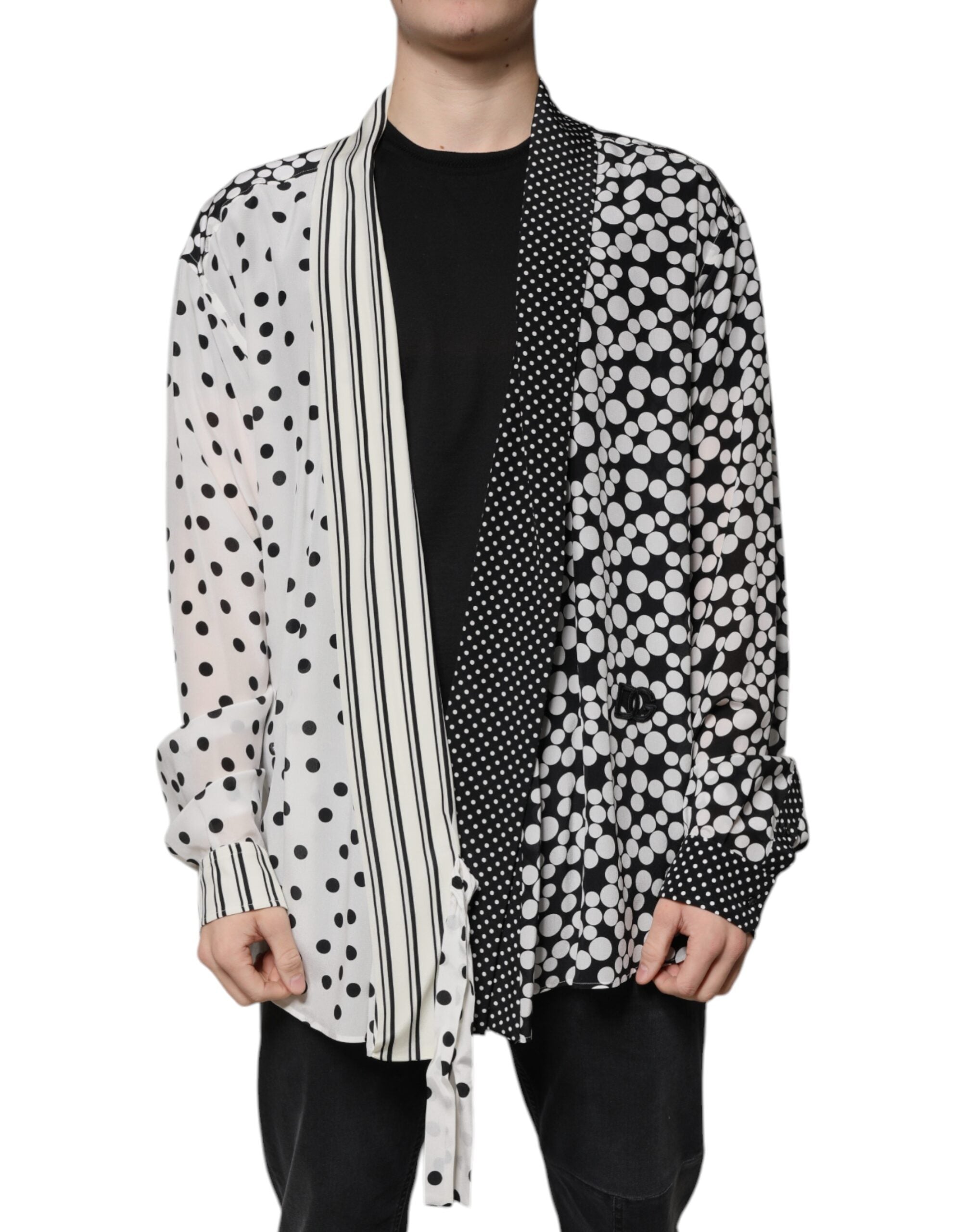 Dolce &amp; Gabbana Schwarz-Weiß Polka Dots Seide Herren Freizeithemd