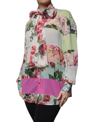 Dolce & Gabbana Mehrfarbiges geblümtes Patchwork-Oberteil mit Ascot-Kragen