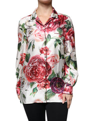 Dolce & Gabbana Witte Pioen Zijden Blouse Top met Lange Mouwen en Kraag