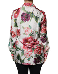 Dolce & Gabbana Witte Pioen Zijden Blouse Top met Lange Mouwen en Kraag