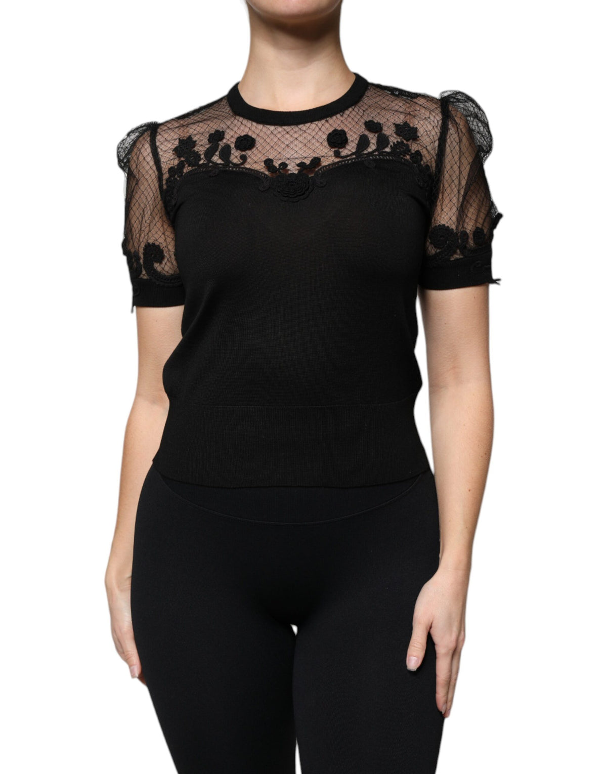 Dolce & Gabbana Schwarze Bluse aus Blumenspitze mit kurzen Ärmeln