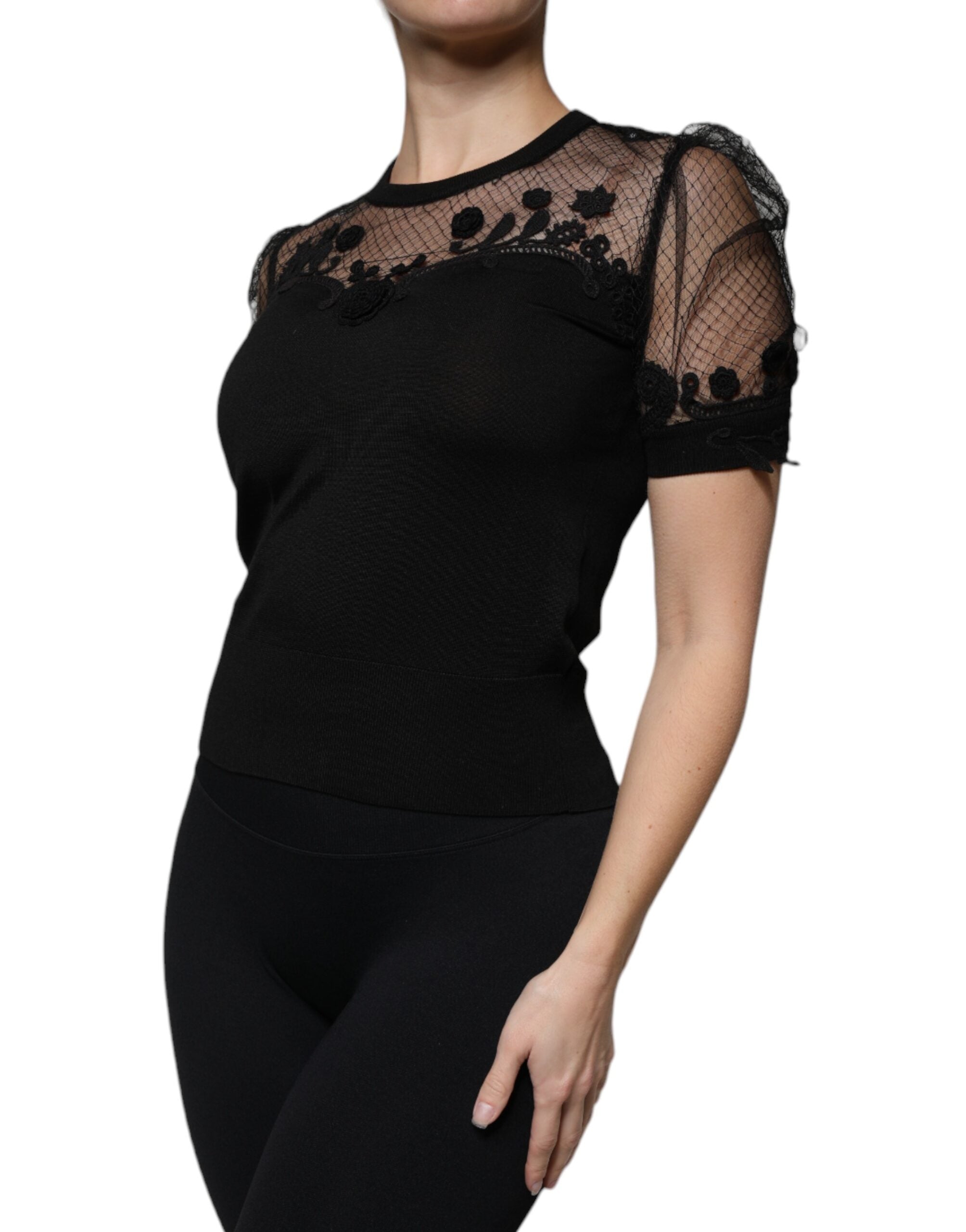 Dolce & Gabbana Schwarze Bluse aus Blumenspitze mit kurzen Ärmeln