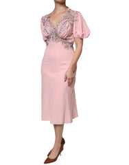 Ermanno Scervino Pink Floral Lace Short Sleeves V-neck Midi Dress