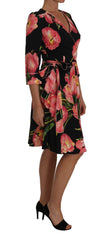 Dolce & Gabbana Schwarzes Etuikleid mit pinkem Tulpenprint und Stretchanteil