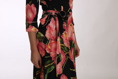 Dolce & Gabbana Schwarzes Etuikleid mit pinkem Tulpenprint und Stretchanteil