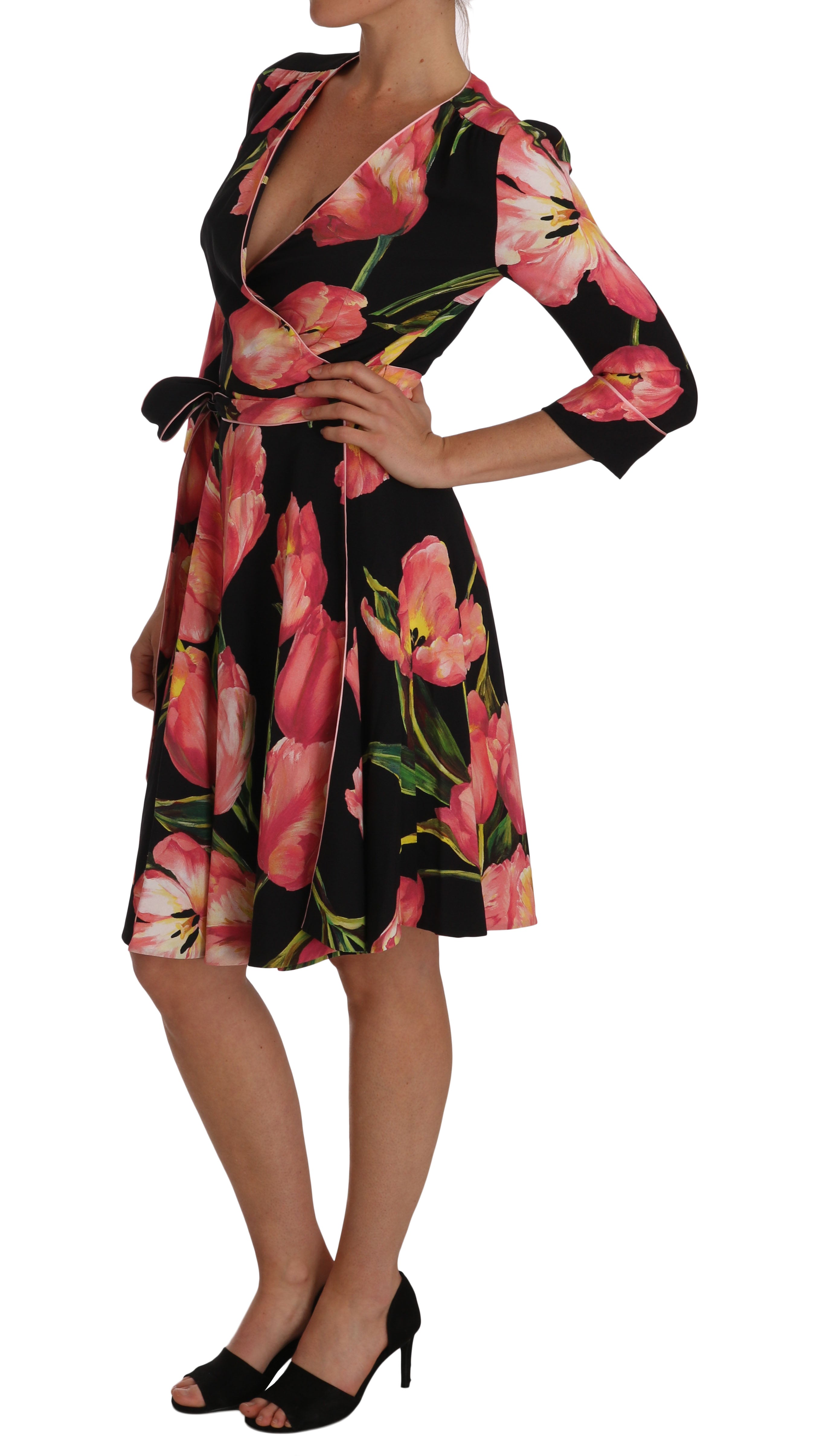 Dolce & Gabbana Schwarzes Etuikleid mit pinkem Tulpenprint und Stretchanteil