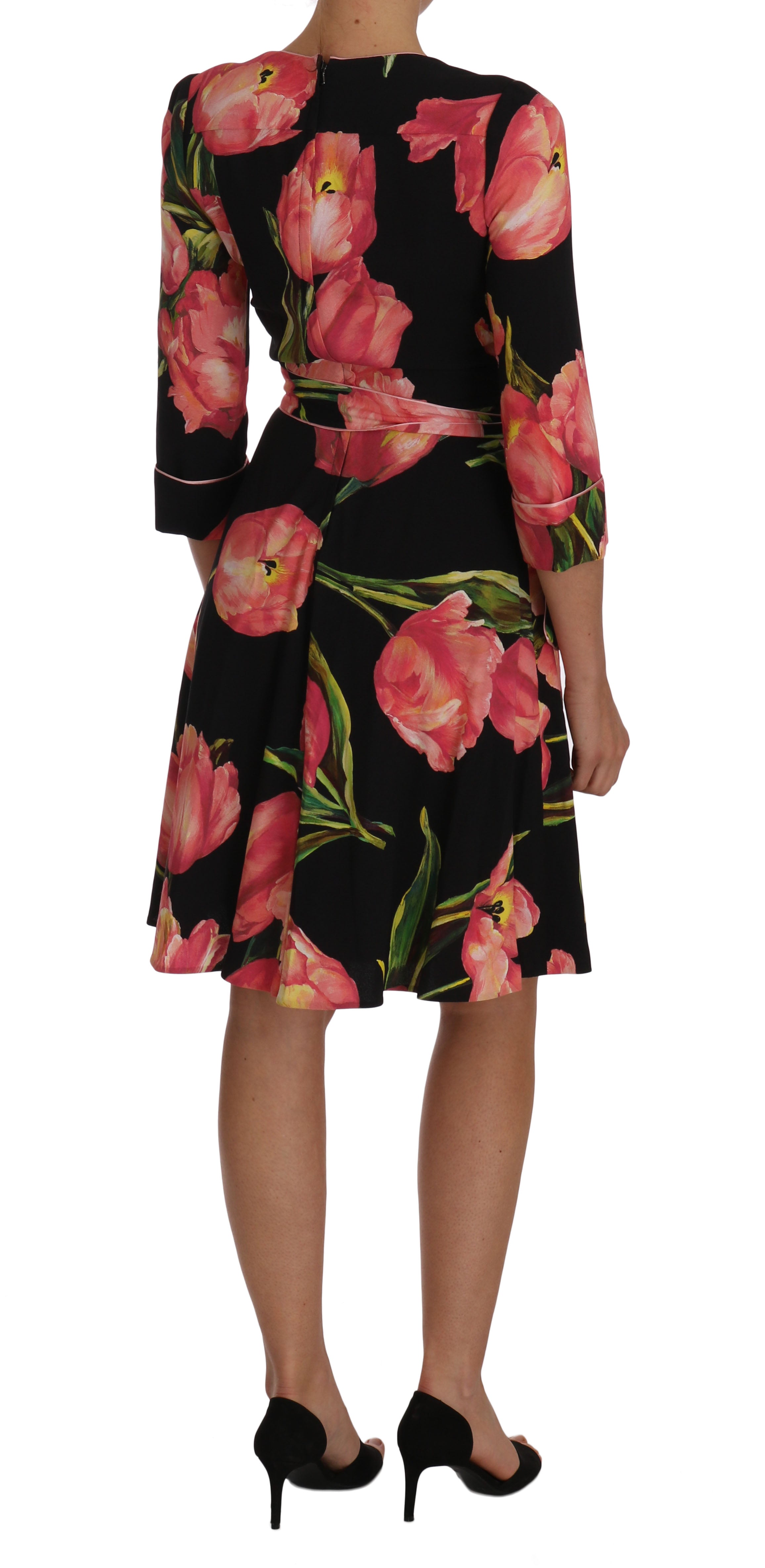 Dolce & Gabbana Schwarzes Etuikleid mit pinkem Tulpenprint und Stretchanteil