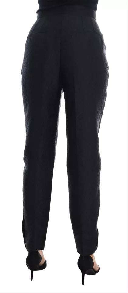 Dolce & Gabbana Zwarte Gebloemde Brokaat Broek met Hoge Taille